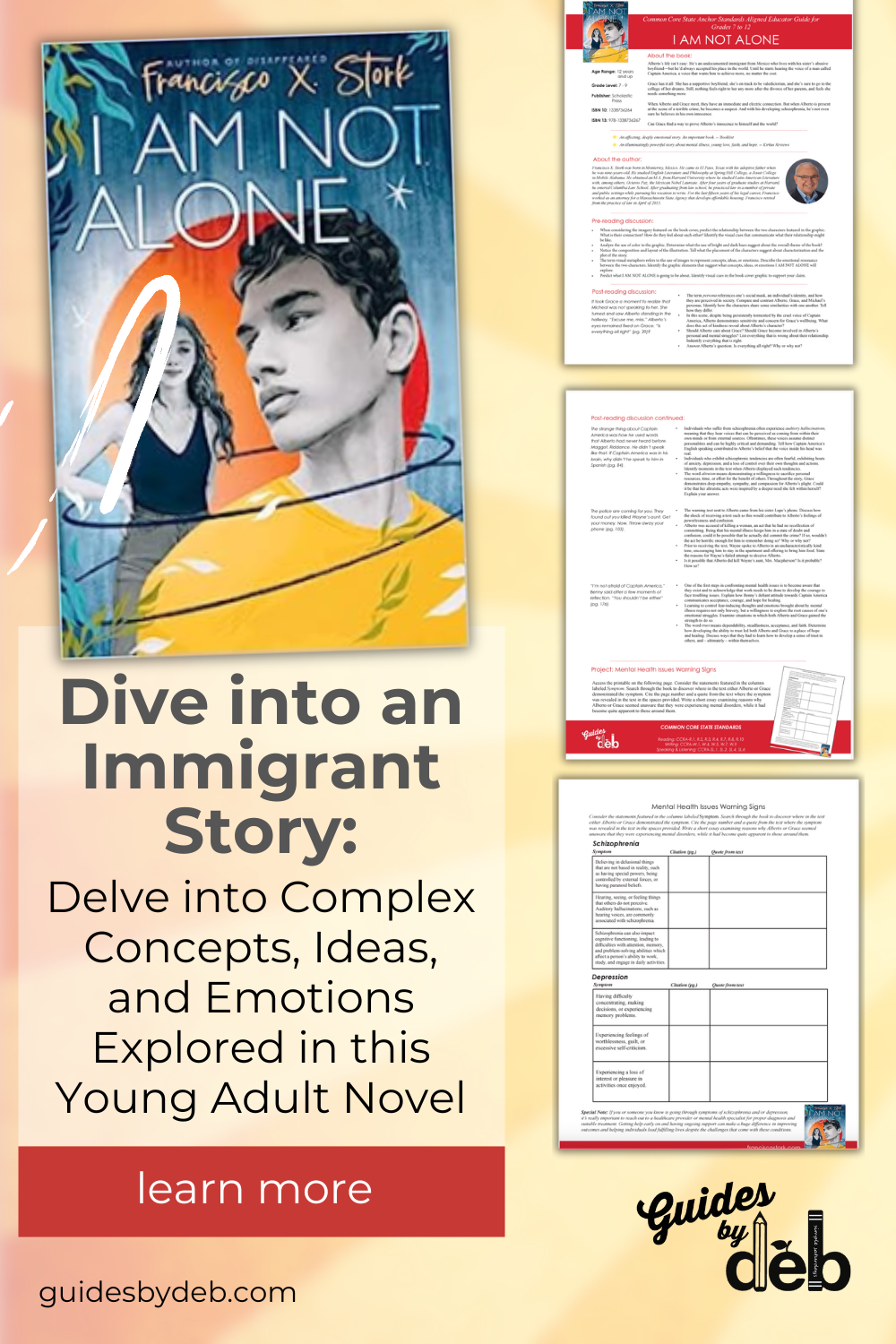 Book cover of 'I Am Not Alone' by Francisco X. Stork featuring illustrated young man with dark hair and a thoughtful expression, a young woman in the background, and a vibrant blue and orange background.