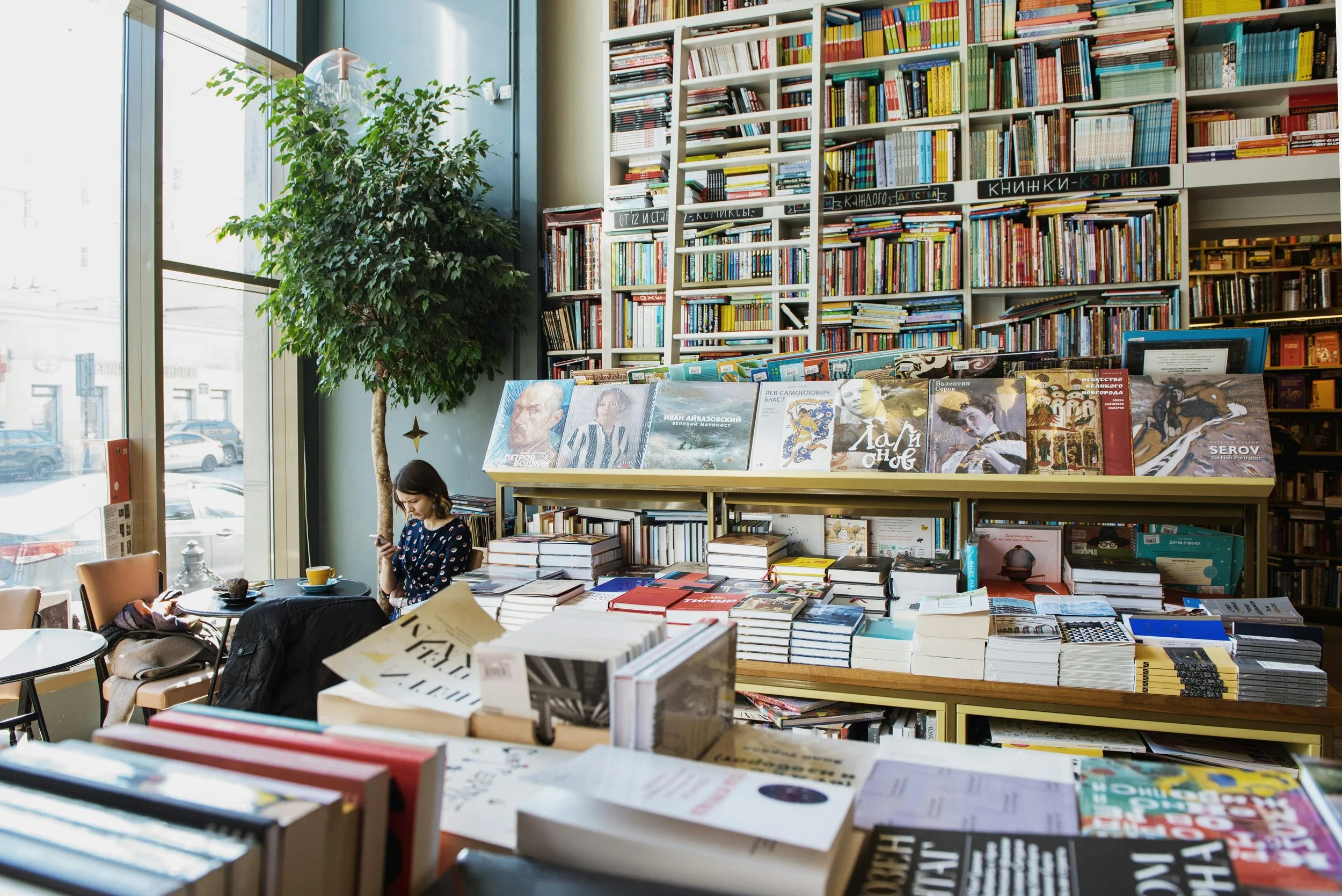 Interior of a bookstore or library with a woman sitting at a table looking at her phone. There are books on shelves, tables, and displays, with a large window letting in natural light. A tall potted plant is near the window.