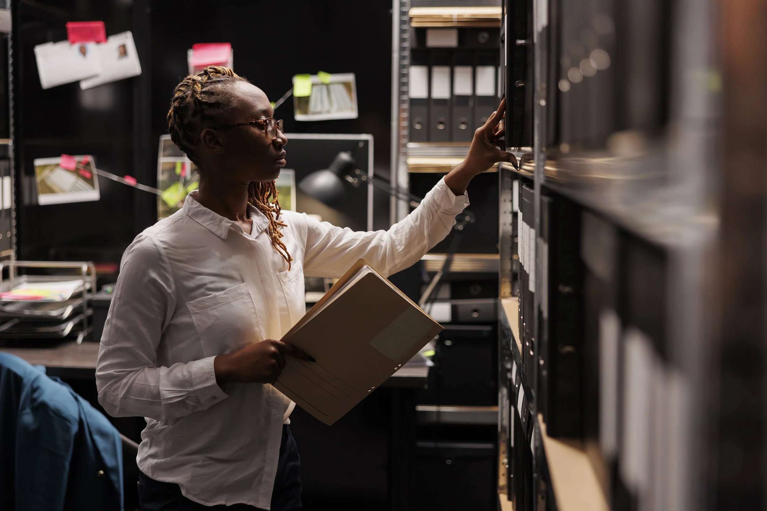 A woman with glasses and dreadlocks inspecting files on a shelf in an office or storage room, holding a folder and touching a file cabinet.
