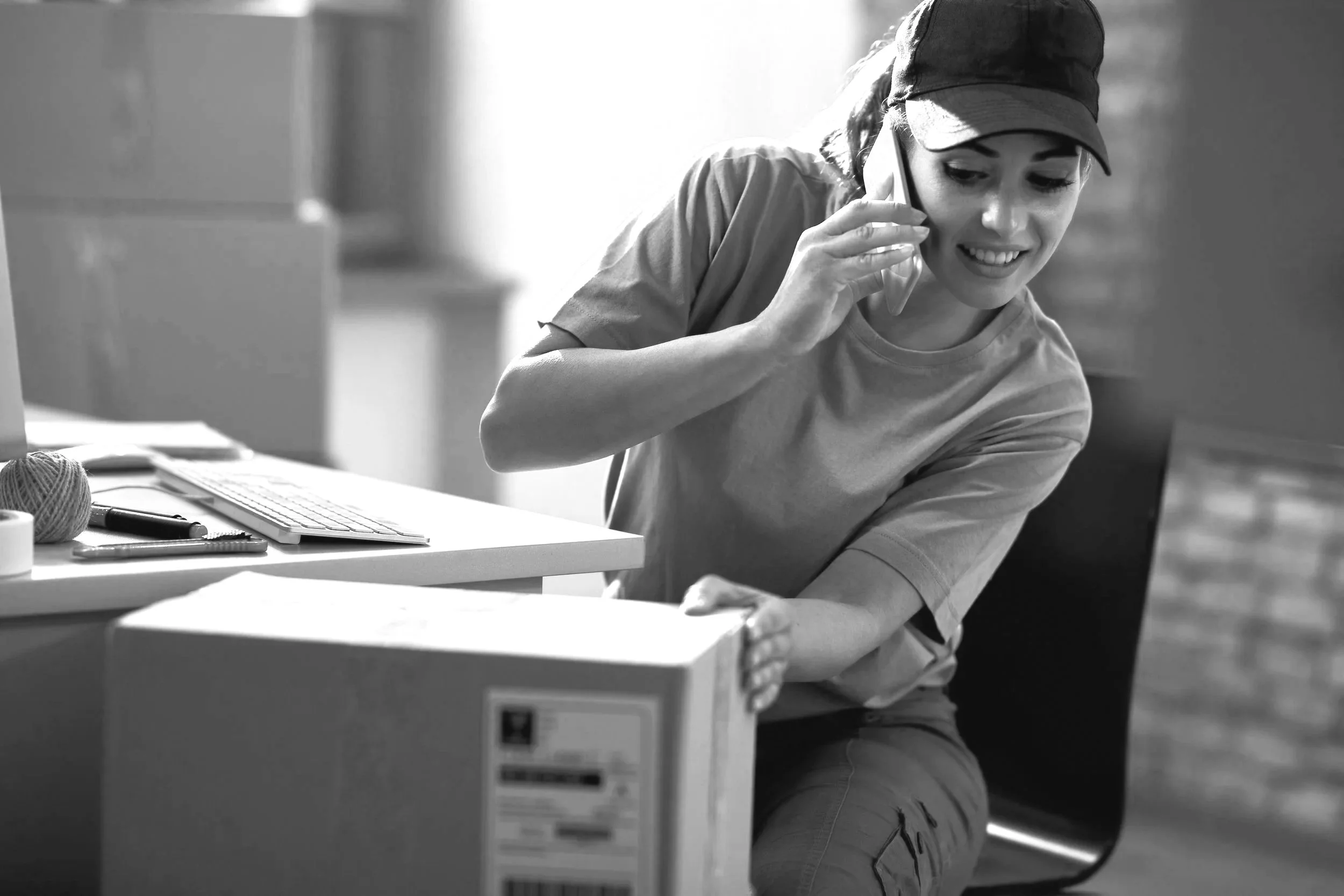A woman wearing a cap, sitting in an office, talking on the phone, and opening a cardboard box.