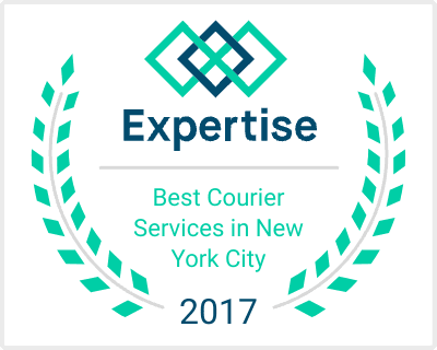 An award badge with a geometric design at the top, the word 'Expertise' below it, followed by the text 'Best Courier Services in New York City' and the year 2017 at the bottom, surrounded by teal laurel branches.