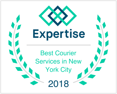 Award badge with laurel wreath and diamond shapes, displaying the words "Expertise," "Best Courier Services in New York City," and the year "2018."