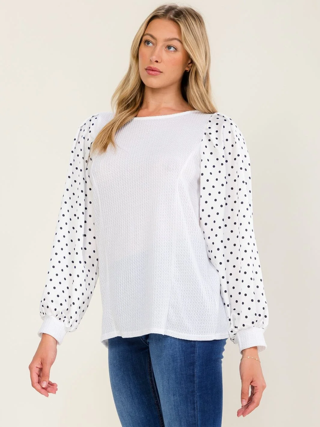 Polka Dot Sleeves Waffle Knit Top