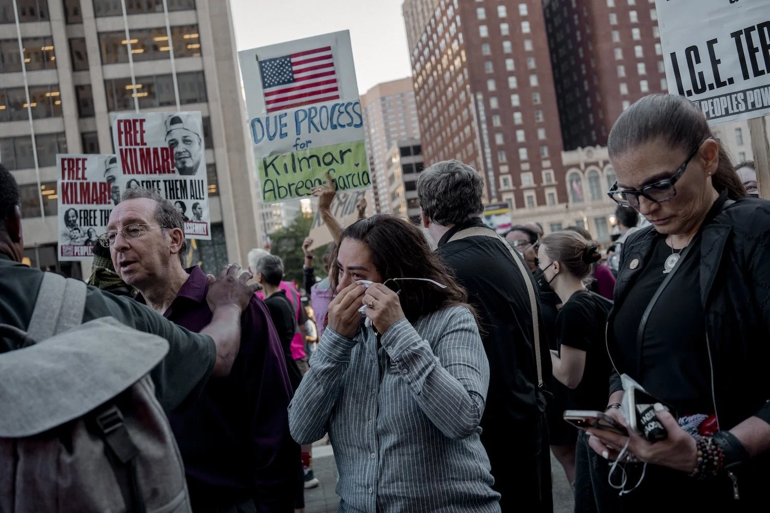Protestors gather outside of Baltimore Immigration Court as Kilmar Abrego Garcia appears inside for a deportation hearing.