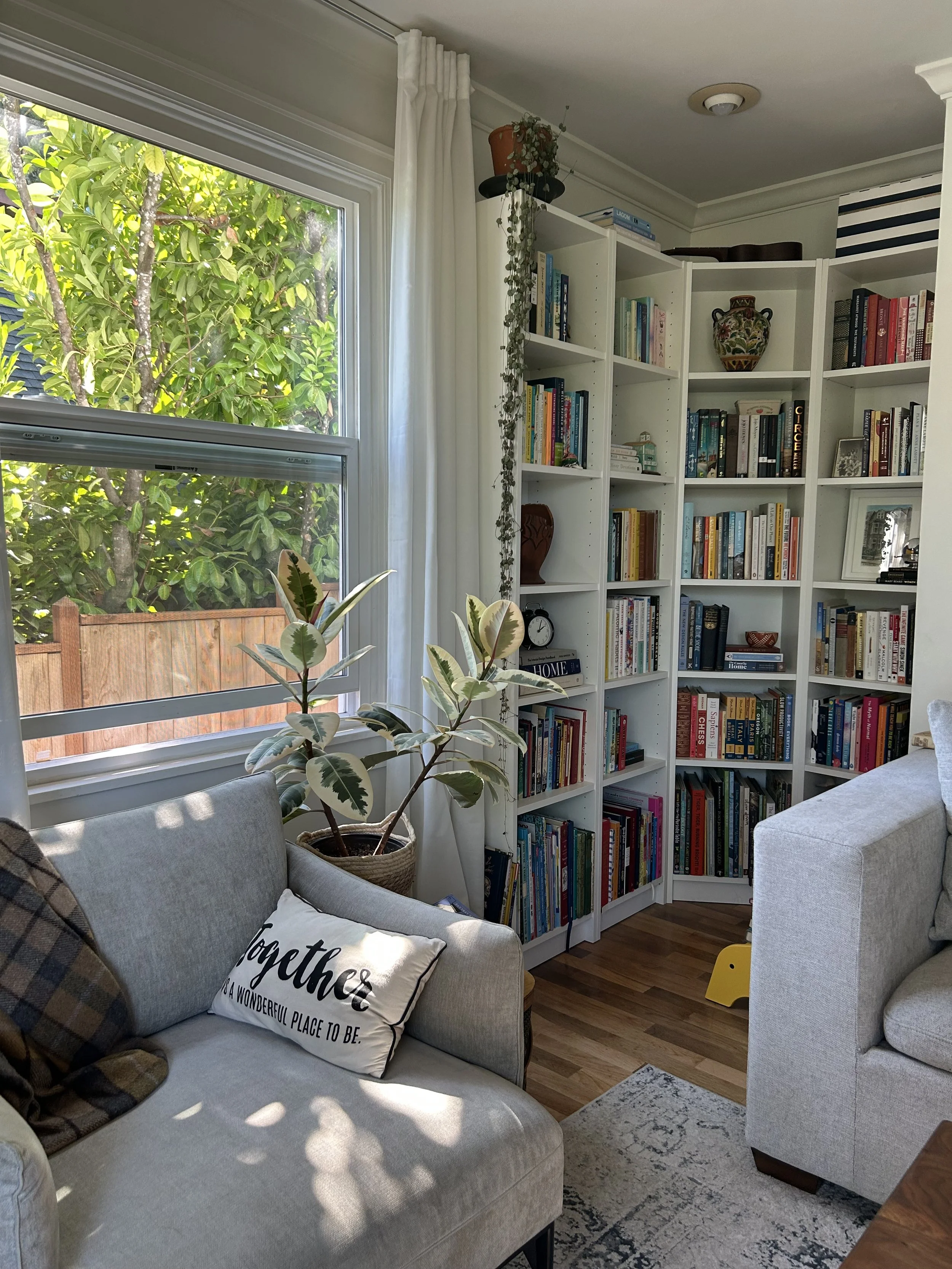 Living room with a large window, white curtains, a bookshelf filled with books, a gray sofa with decorative pillows, a potted plant, and hardwood flooring.