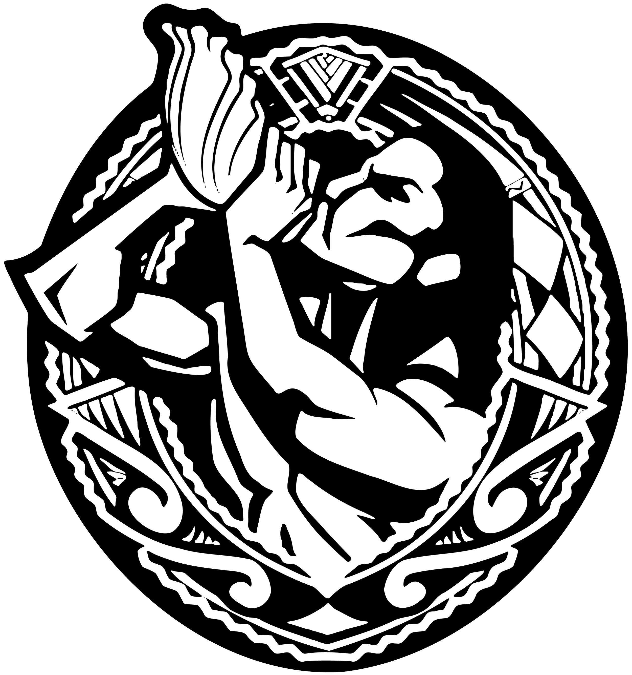 Black and white illustration of a Pacific Islander figure blowing a conch shell, framed by intricate decorative borders.