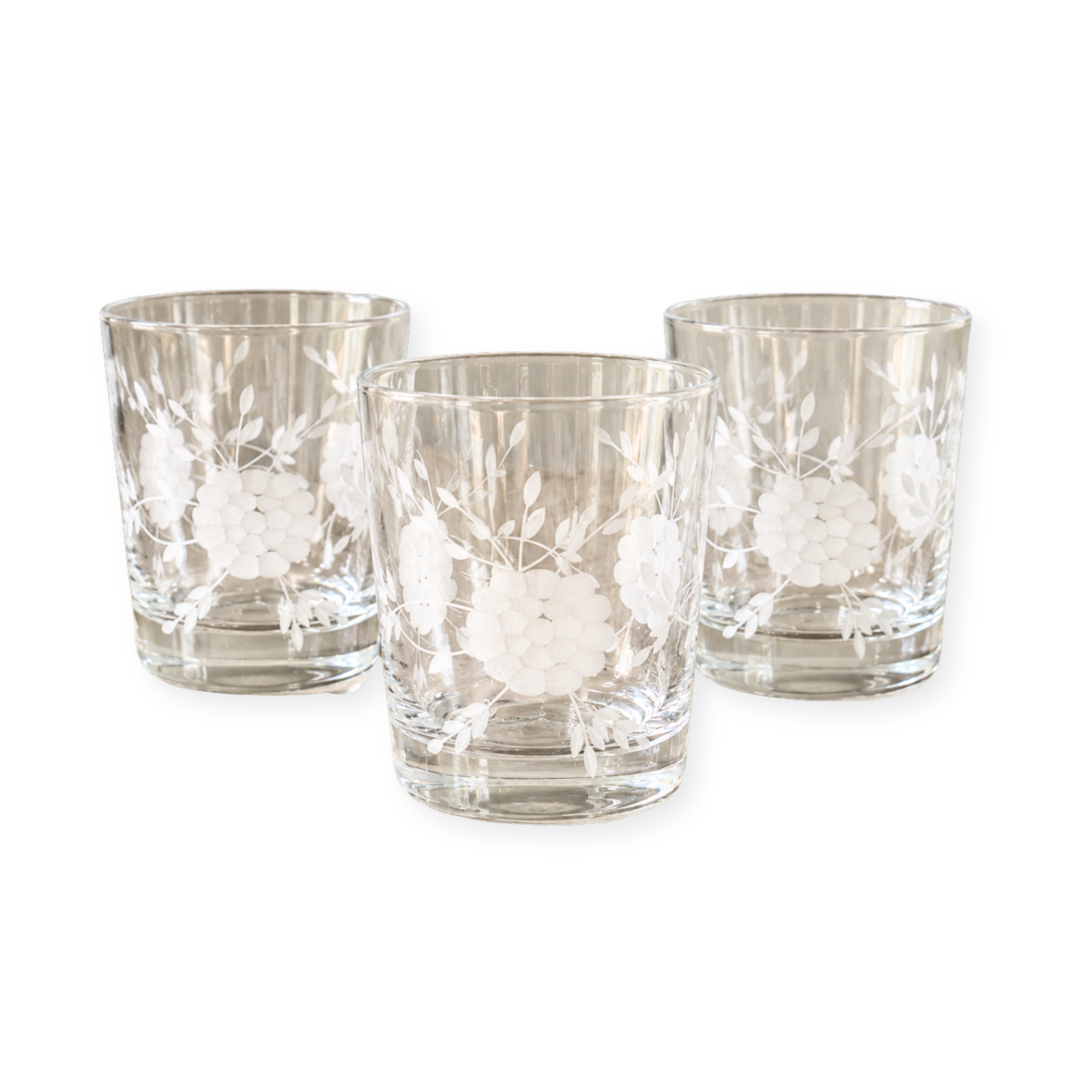 Mid-Century Peony Etched Low Ball Glass
