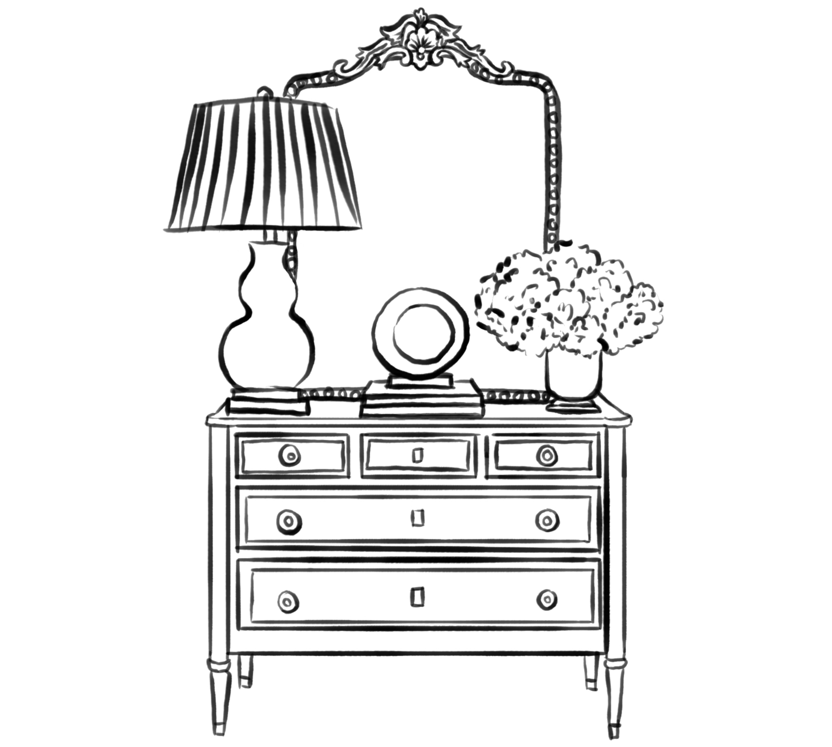 Geometric drawing of an outline square with sections divided by vertical, horizontal, and half circle lines.