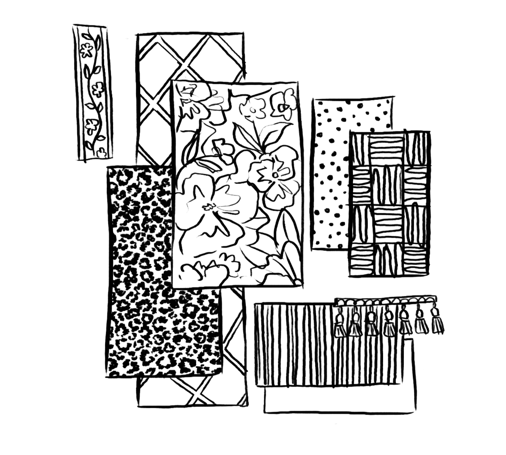 Geometric drawing of an outline square with sections divided by vertical, horizontal, and diagonal lines.