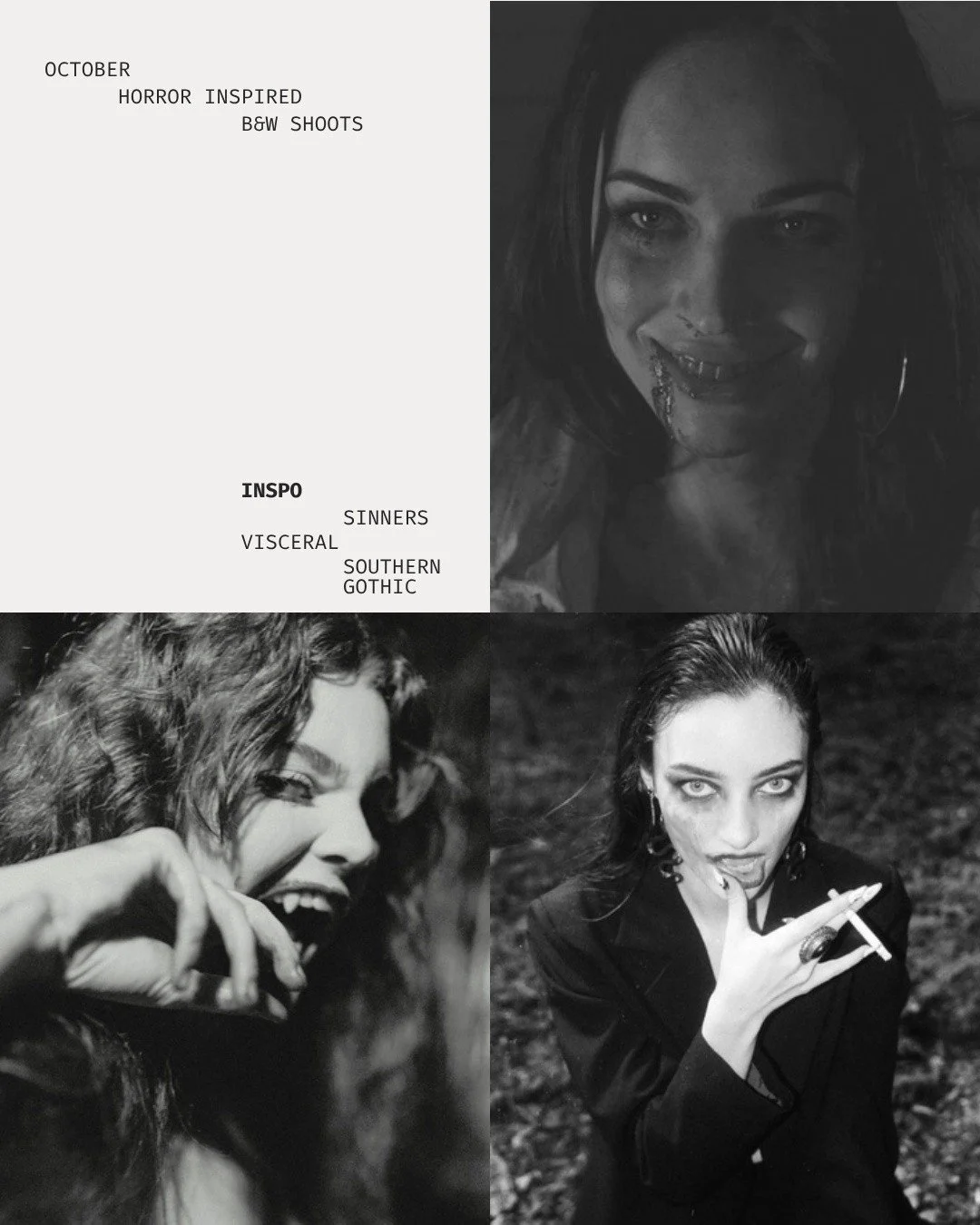 Hungry?

Fangs, cigarettes, and Southern Gothic mood, inspired by Sinners. These shoots were visceral, sultry, and a little bit feral.

October is booked, but my calendar is open for the rest of the year. If you have a concept in mind, I'd love to he