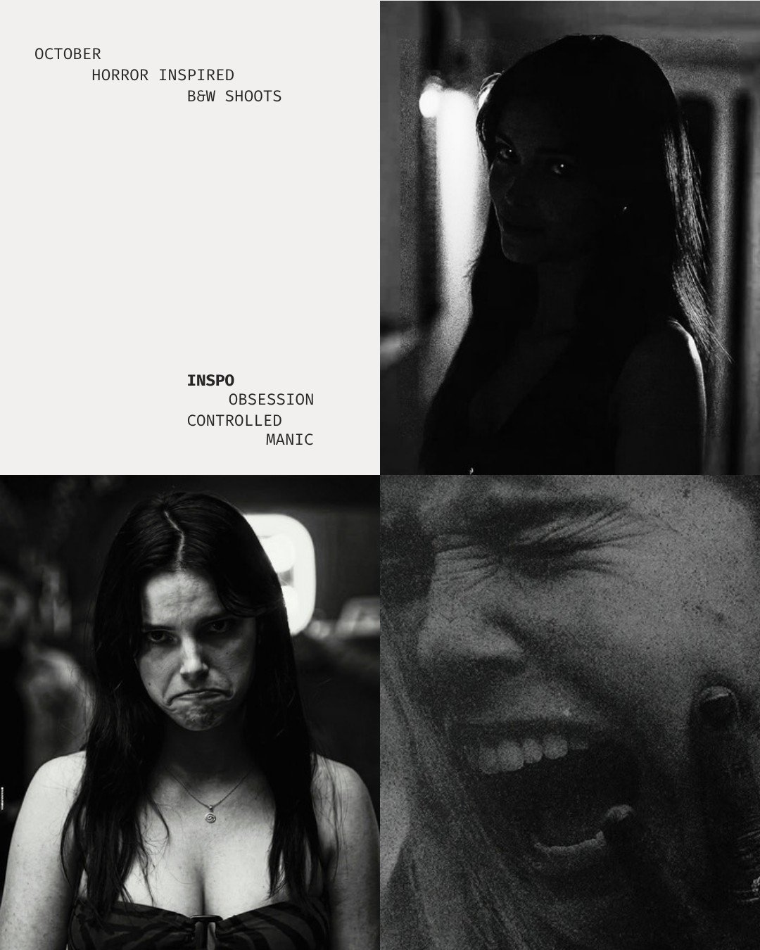 You can't look away. Neither can she.

Controlled, manic, and a little unraveled, this theme is all about obsession: shadowed faces, wild smiles, wet hair, and the moment composure cracks. Raw, moody, and intense.

My October calendar is full, but th