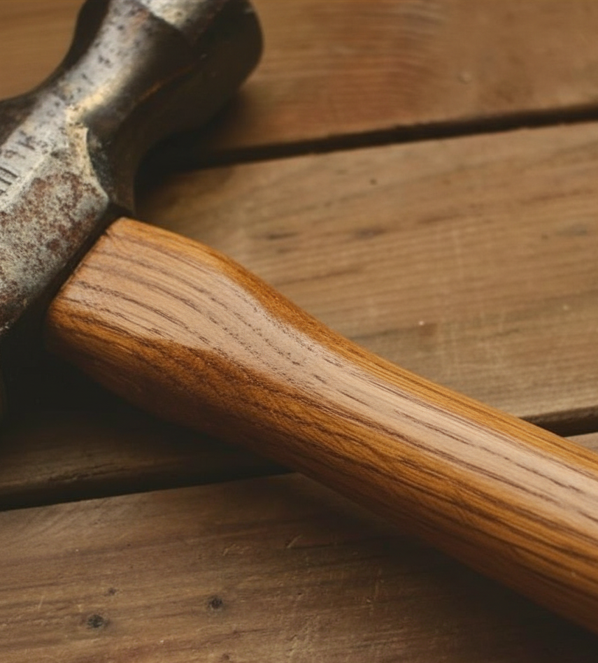 Close-up of a hammer with a rusty metal head and a polished wooden handle on a wooden surface.