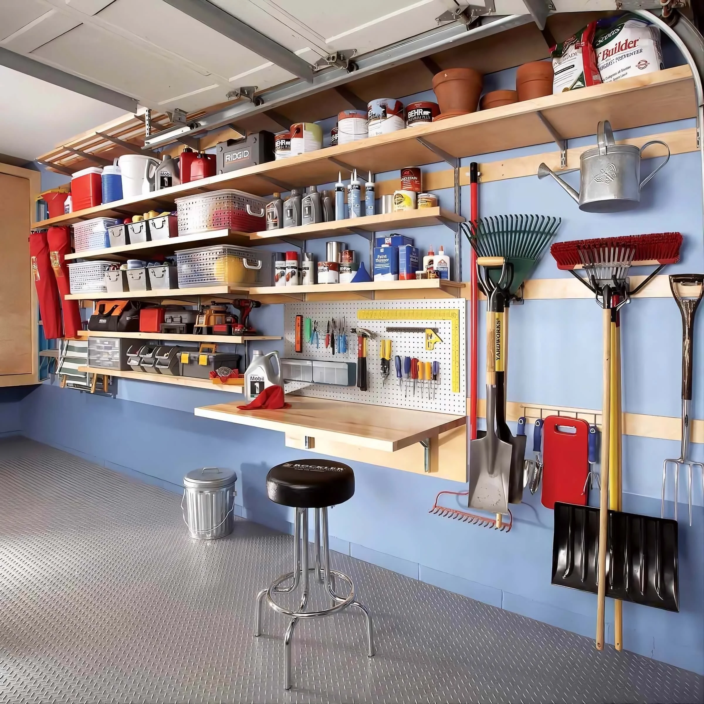Professionally organized garage with custom shelving, pegboard tool storage, and yard tool racks installed by a handyman