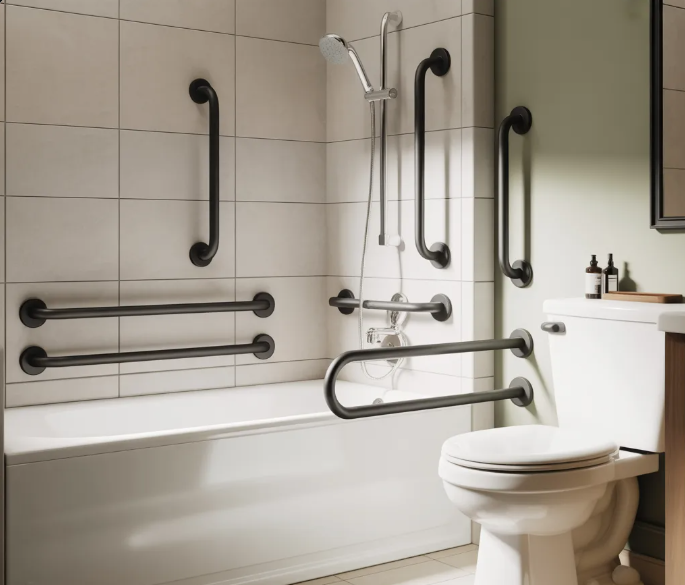 Bathroom with tub-shower and toilet equipped with several wall-mounted grab bars around the tub and beside the toilet for improved accessibility and fall prevention.