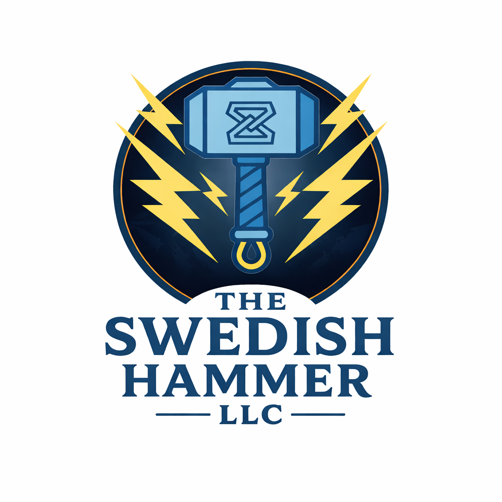 Logo for The Swedish Hammer LLC featuring a stylized hammer with lightning bolts.