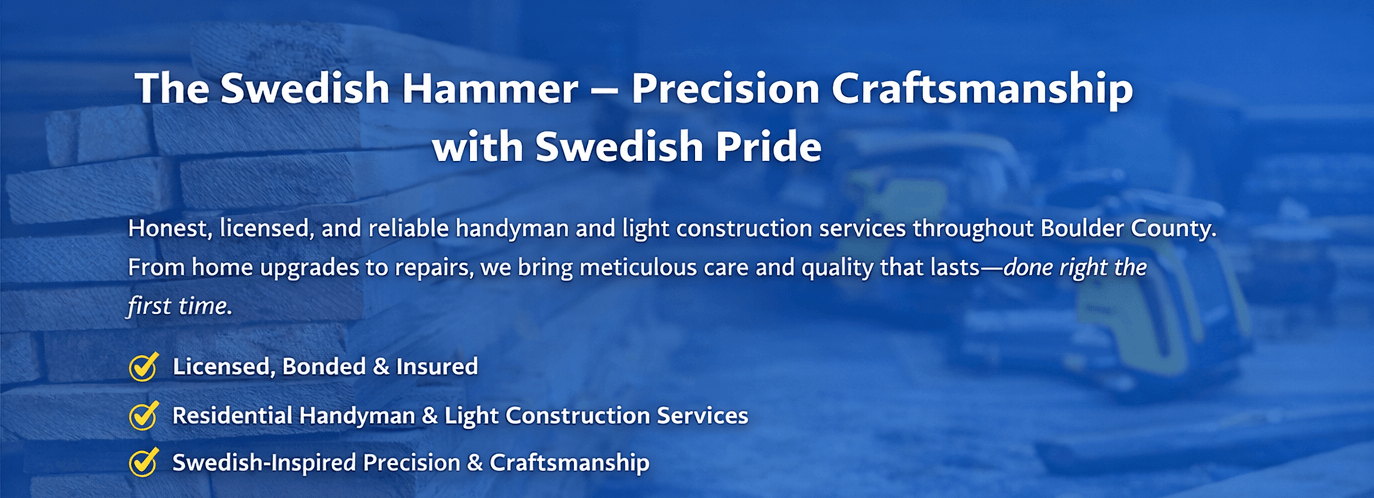 A promotional flyer for a handyman service emphasizing Swedish craftsmanship, highlighting licensed, insured, residential handyman, and precise craftsmanship with Swedish pride.