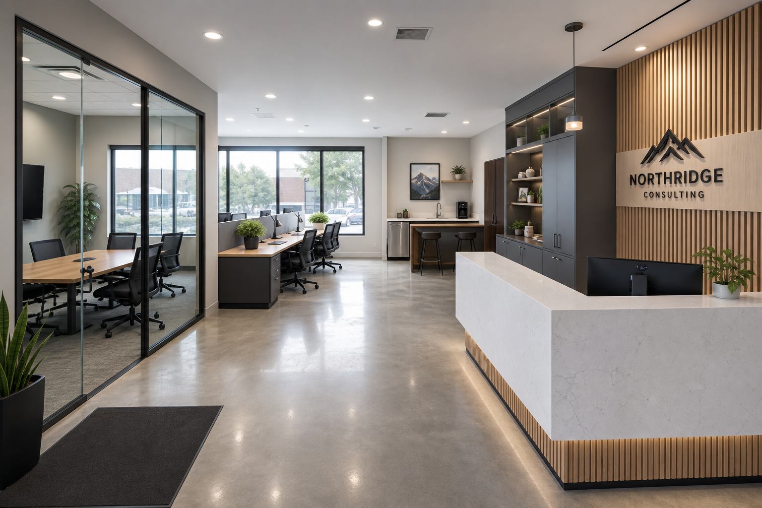 Modern office reception area with a marble desk, wooden accents, and a sign that reads 'NORTHRIDGE CONSULTING.' There are glass-walled meeting rooms to the left, a small kitchen area with bar stools and a coffee machine, and large windows allowing natural light to fill the space.
