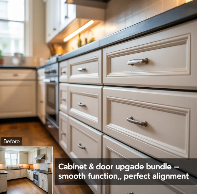 Close-up of modern kitchen cabinets with perfectly aligned doors and drawers, new knobs and pulls, and a small inset showing the older cabinet layout before the upgrade.