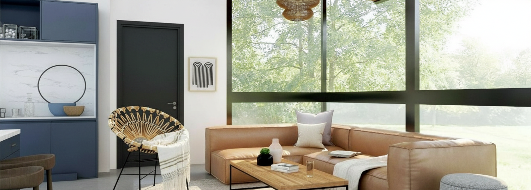 Living room with large window overlooking green trees, tan sectional sofa with throw pillows, wooden coffee table with decorative vases and books, black door, blue cabinet with decor, and a patterned chair with a white throw blanket.