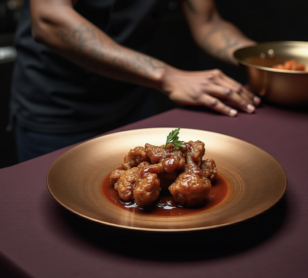Plate of e.g., sweet and sour chicken garnished with a parsley leaf, on a gold-colored plate.