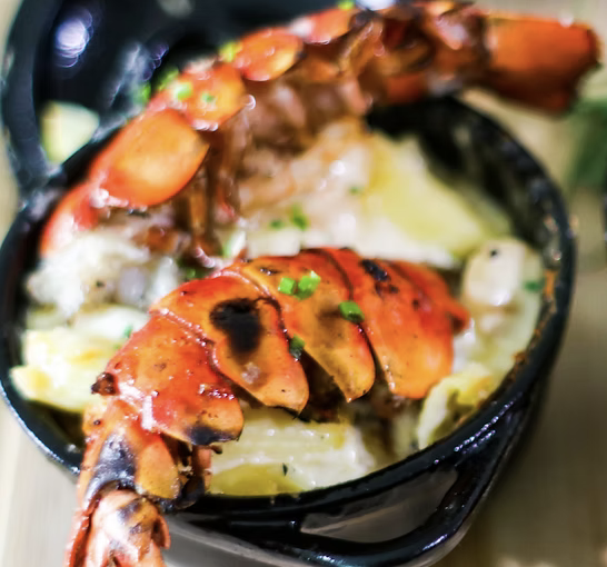 Lobster tail with grilled marks, served in a black bowl with mashed potatoes and a large lobster claw on top.