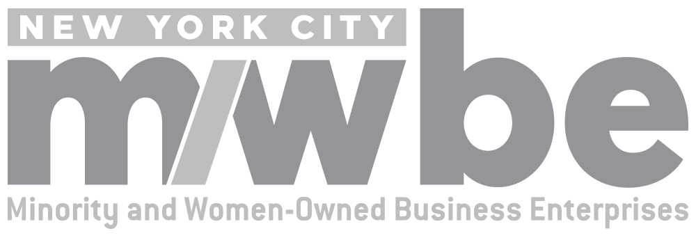Logo for New York City Minority and Women-Owned Business Enterprises (MWBE) with large gray 'mwbe' text and smaller white text above and below.