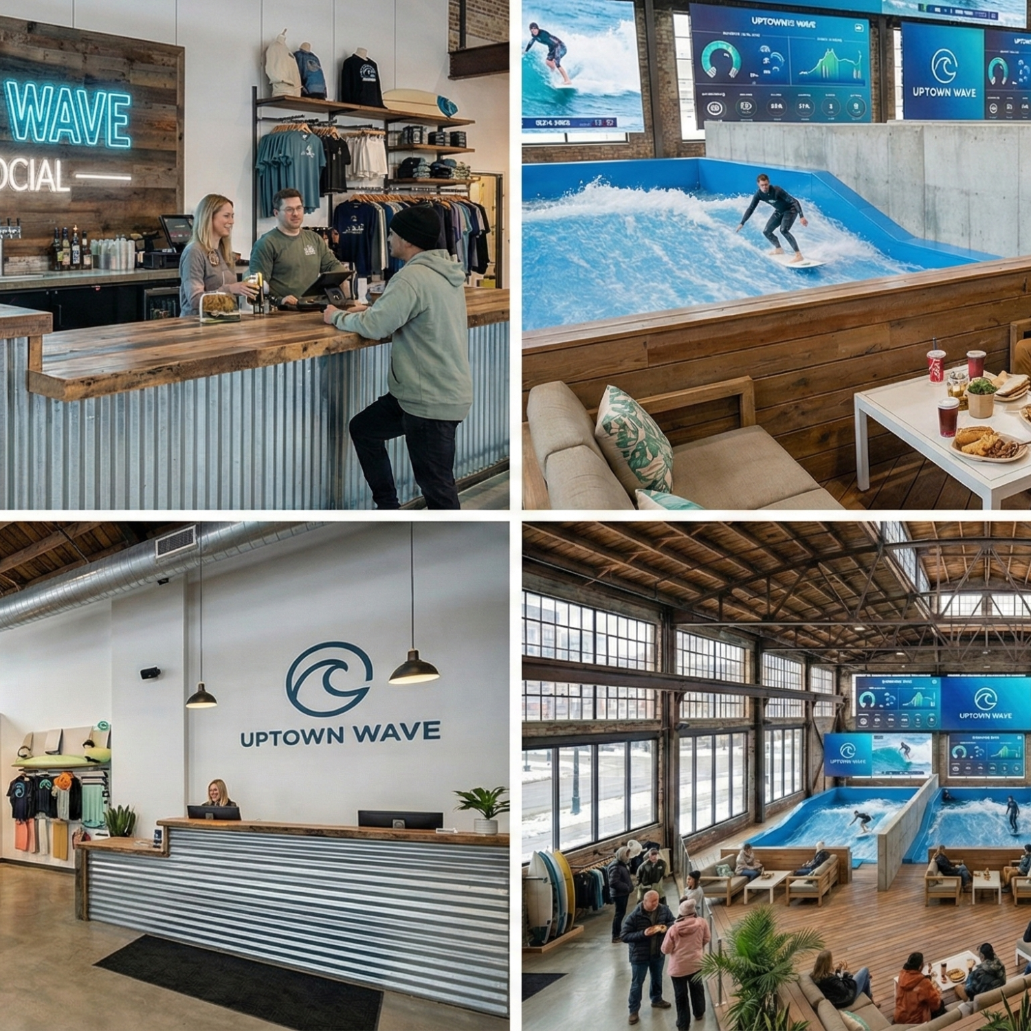 A collage of four photos from an indoor surfing and retail facility called Uptown Wave. The top-left photo shows two employees behind a wooden and metal counter greeting a customer. The top-right photo shows a wave pool with a person surfing on a simulated wave. The bottom-left photo features the reception area with a desk, logo, and surf gear on display. The bottom-right photo captures a large seating area inside the facility, with people enjoying snacks while watching surf videos on screens.