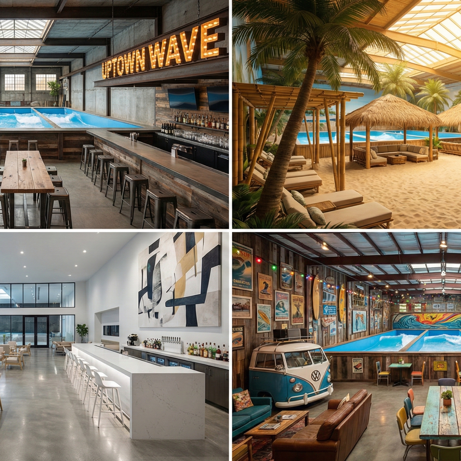 Four images of different indoor and outdoor recreational spaces. The top-left shows an indoor bar with a sign that reads 'Uptown Wave' and a pool table. The top-right depicts a tropical outdoor pool area with lounge chairs, palm trees, and thatched roof umbrellas. The bottom-left features a modern indoor bar with a long white counter, barstools, and abstract wall art. The bottom-right shows an indoor pool area with murals, string lights, vintage decor including a Volkswagen van, seating, and a mural of waves.