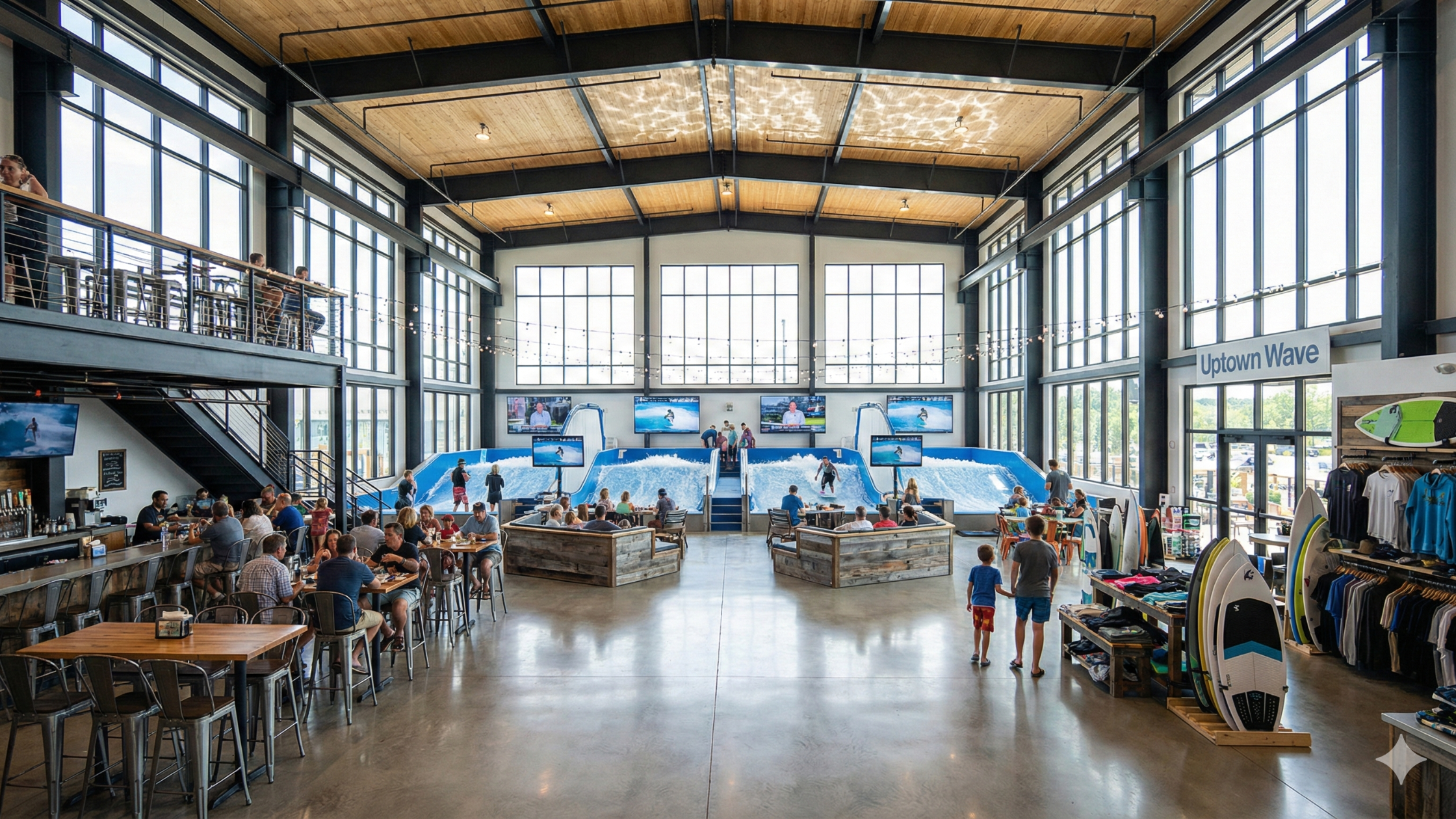Indoor surf-themed venue with large windows, people surfing on wave simulators, and seating areas including a bar and merchandise shop.