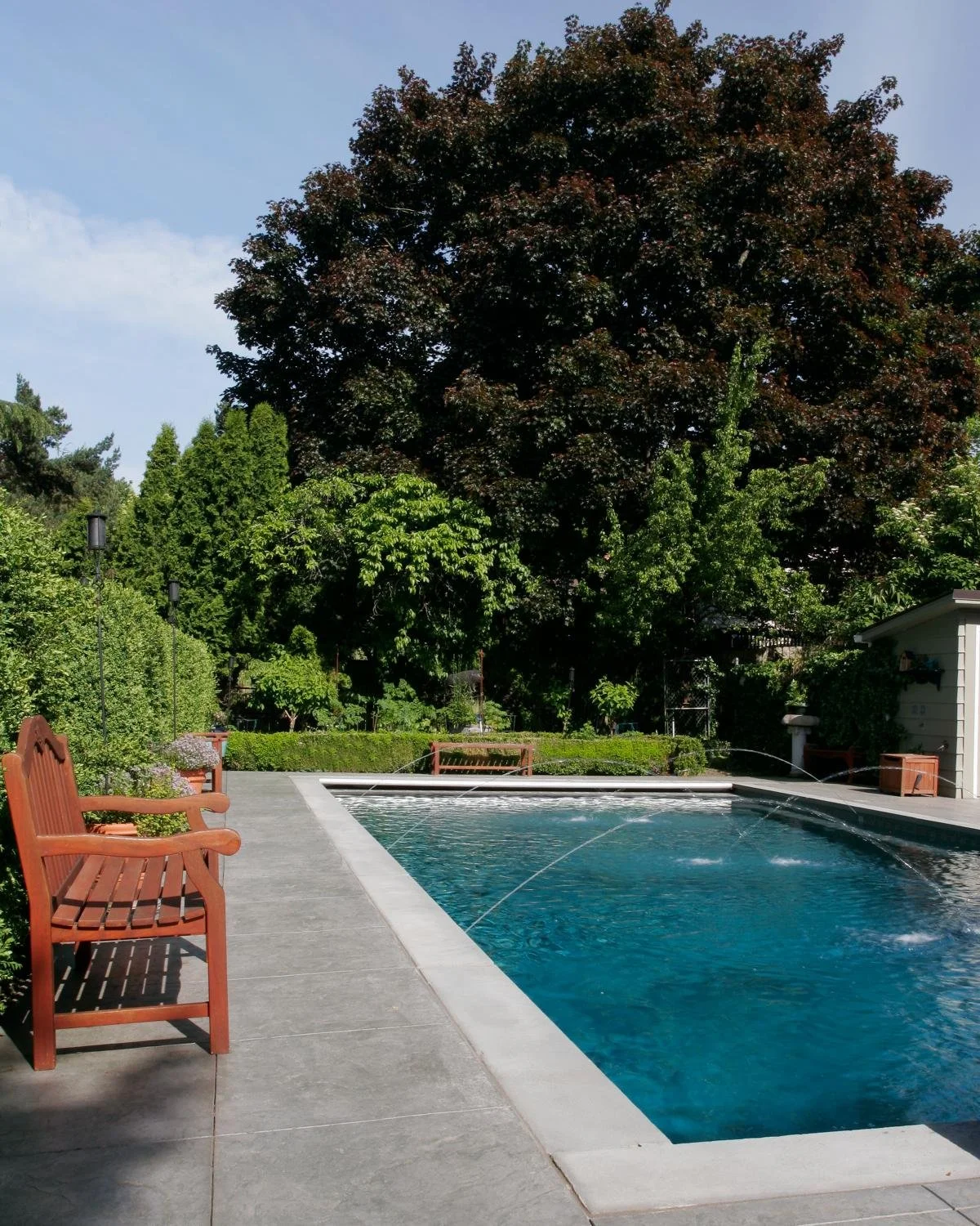 Inground pool with concrete patio and water fountains