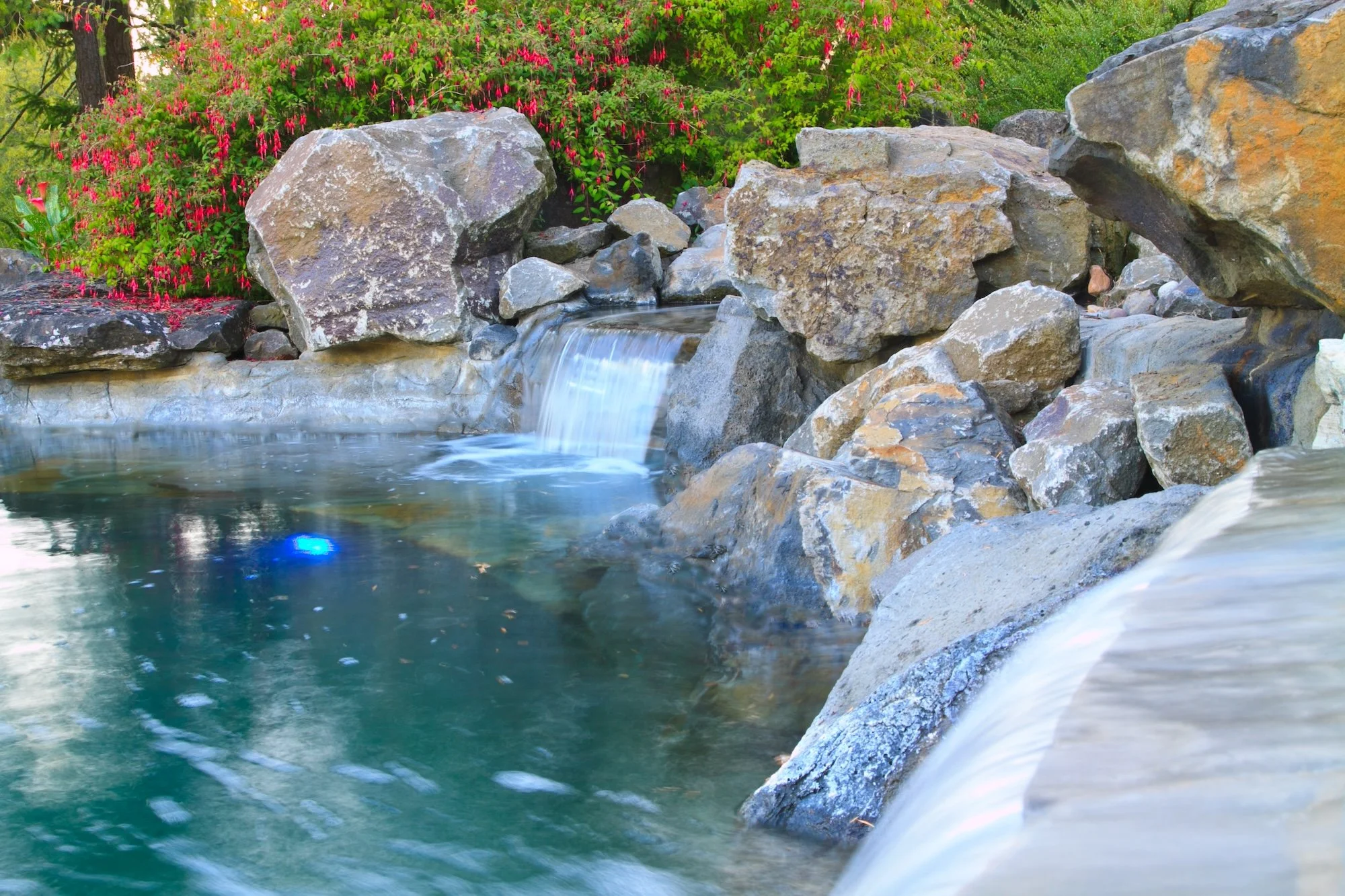 A small waterfall flowing over rocks into a pond, surrounded by lush green foliage and pink flowers.