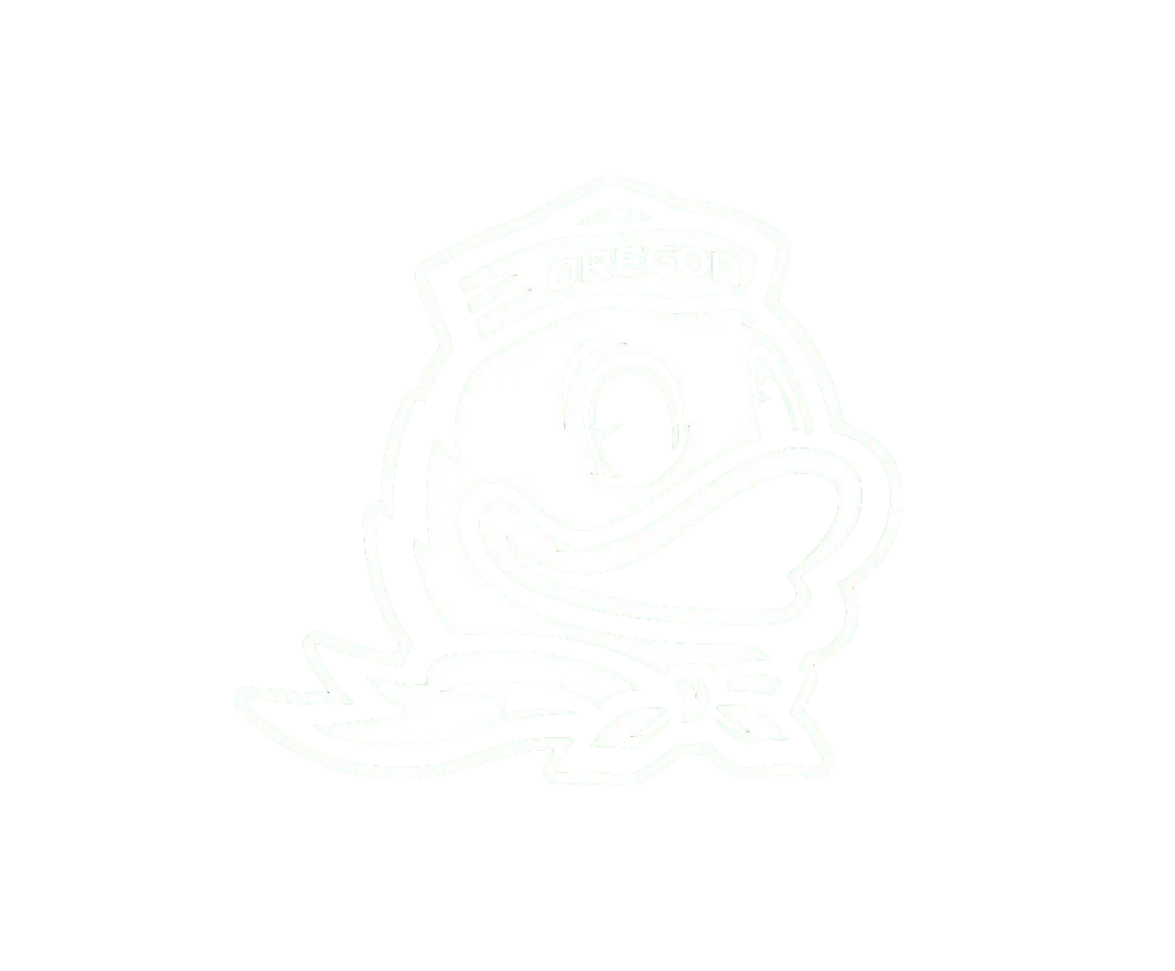 A black and white cartoon illustration of a duck wearing an 'Oregon' hat and a neck scarf.