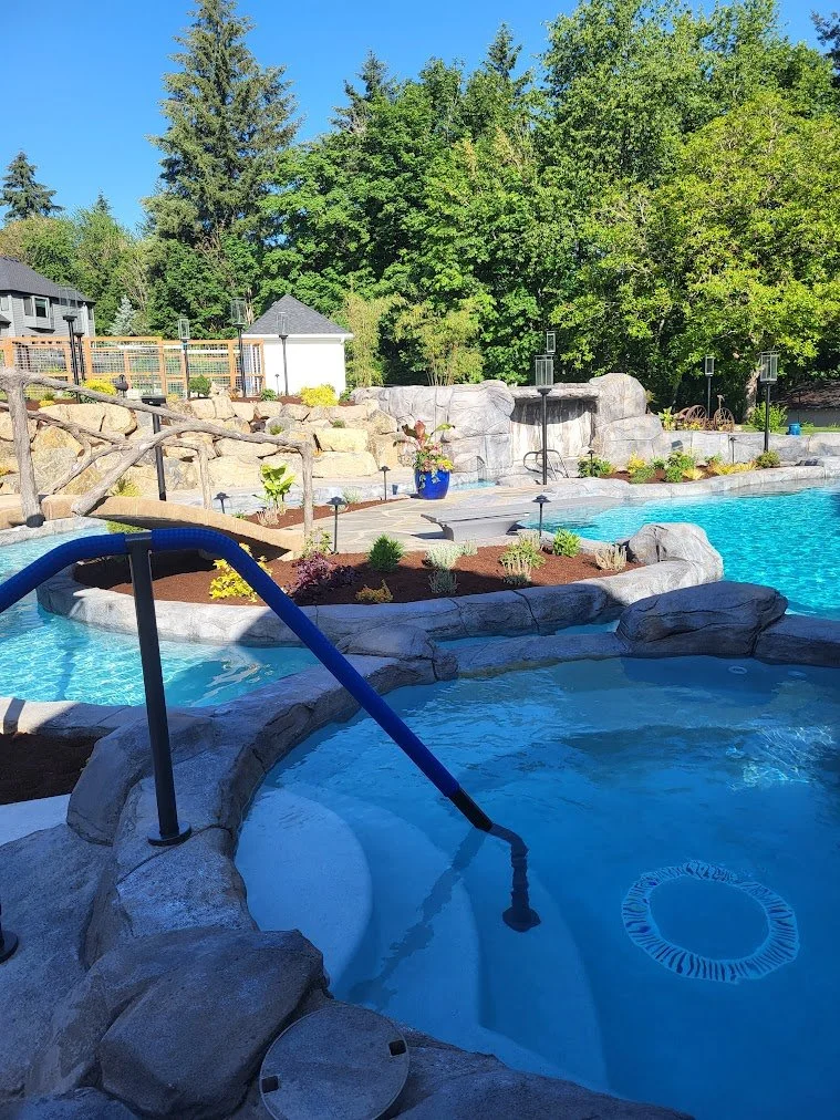 A backyard with a freeform swimming pool and hot tub, surrounded by rocks and landscaping, with a wooden bridge, lush green trees, and a blue sky.