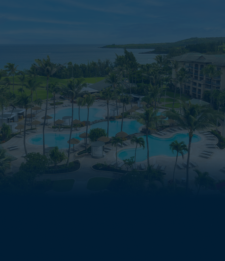 Overhead view of a resort with multiple swimming pools, surrounded by palm trees and lounge chairs, with a coastline and ocean in the background.