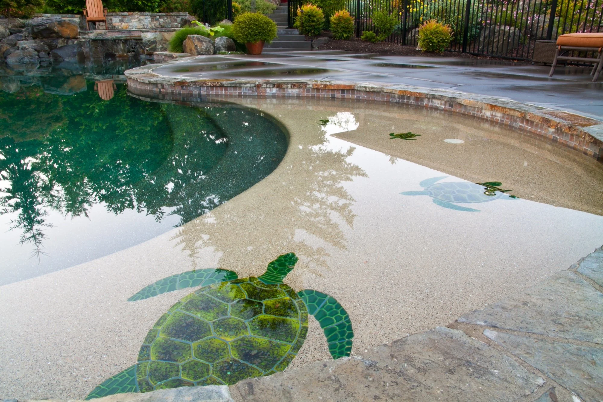 Inground pool with splash pad and intricate turtle painting