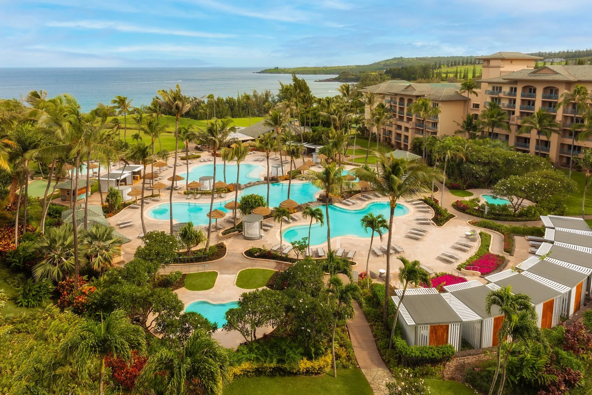 Aerial view of a resort with multiple swimming pools, surrounded by palm trees, colorful flowers, and buildings overlooking an ocean with hills in the background during daytime.