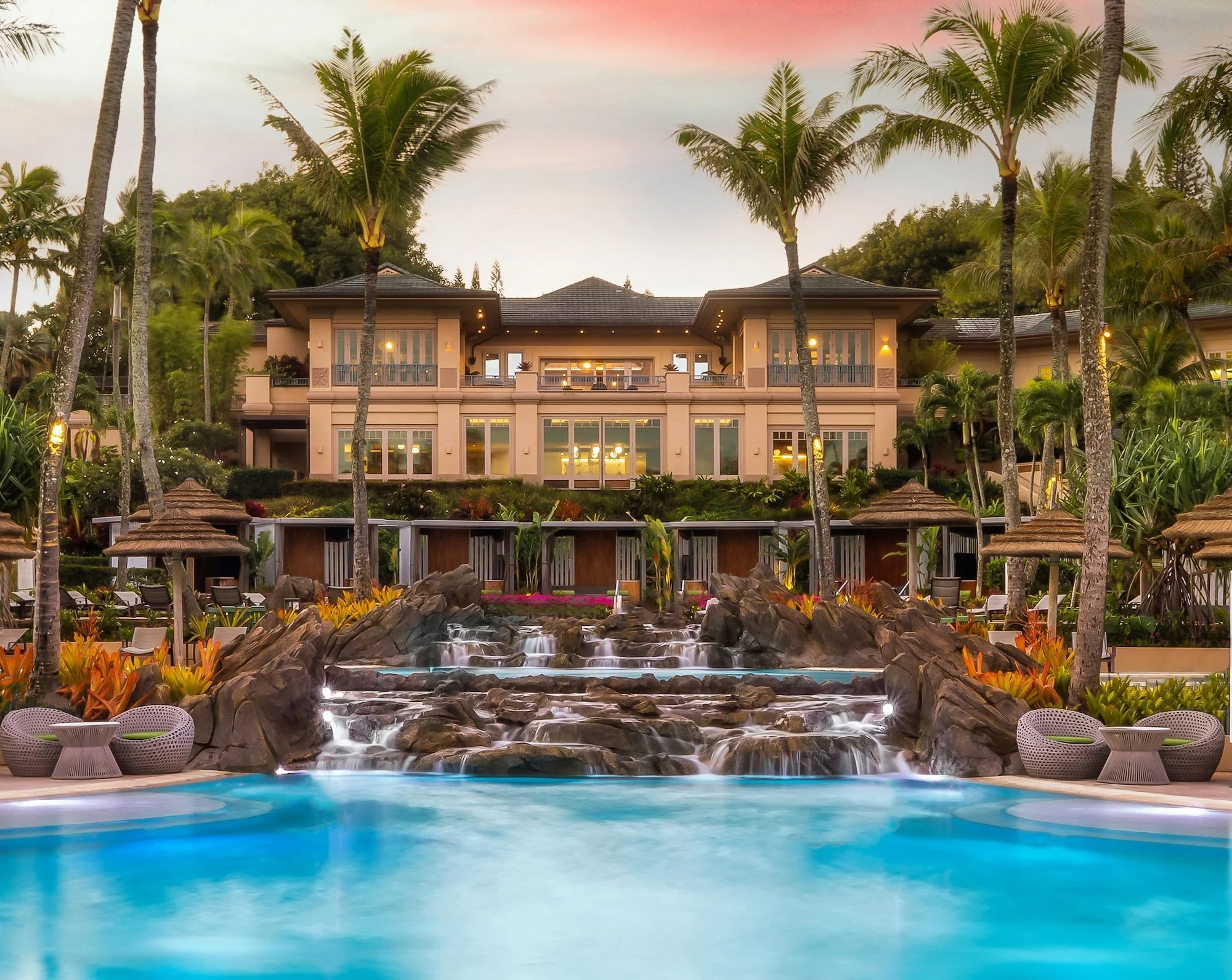 The Ritz-Carlton hotel pool with waterfalls and luxury patio