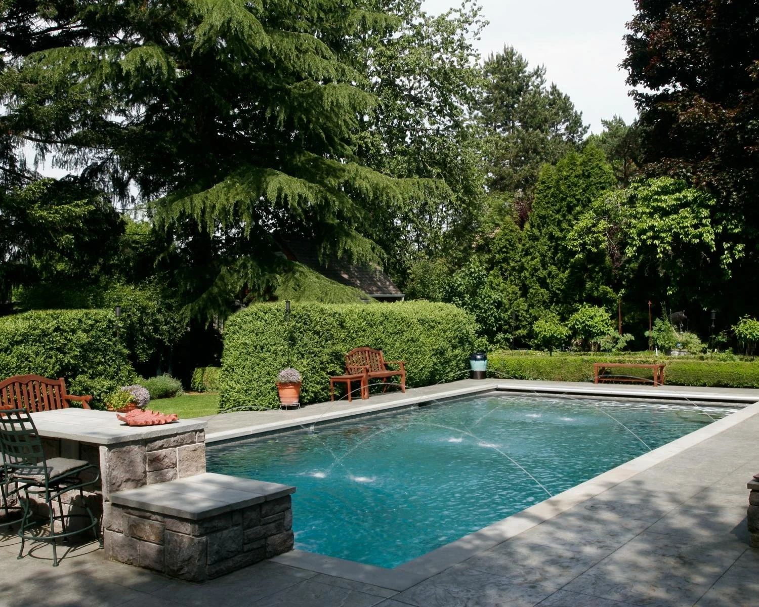 A backyard scene featuring a small rectangular swimming pool surrounded by a stone deck, with park benches, potted plants, and lush green trees and bushes in the background.