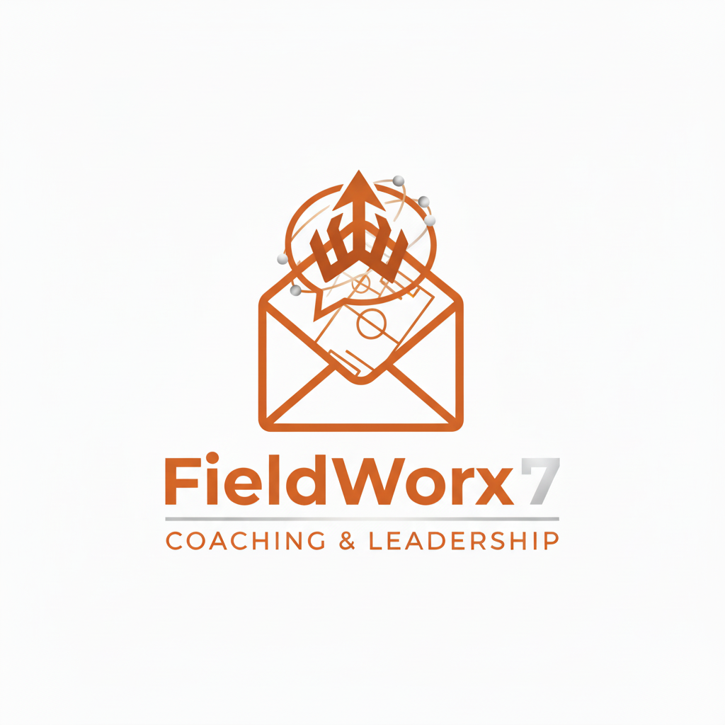 Logo for FieldWorx 7 Coaching & Leadership, featuring an illustration of an envelope with a sports field inside, topped with interconnected nodes and an upward arrow.