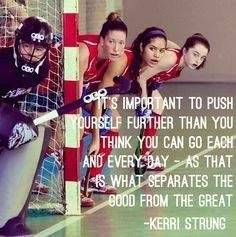 Three hockey players, two women and one girl, on the ice near the goal, watching a puck. An inspirational quote from Kerri Strug about pushing oneself and perseverance is overlaid on the image.