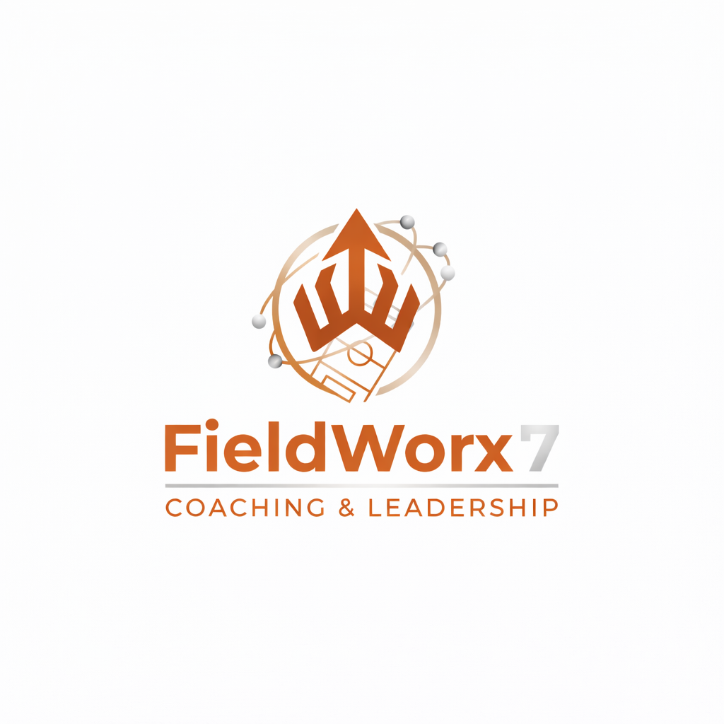 Logo for FieldWorx 7, a coaching and leadership company, featuring a stylized crown, a football field, and connected nodes.