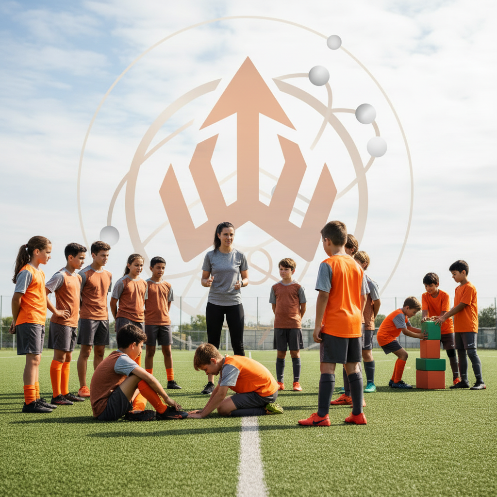 Children and a coach on a soccer field during a training session, with some children sitting on the grass and others standing, some holding stacked blocks, under a partly cloudy sky.