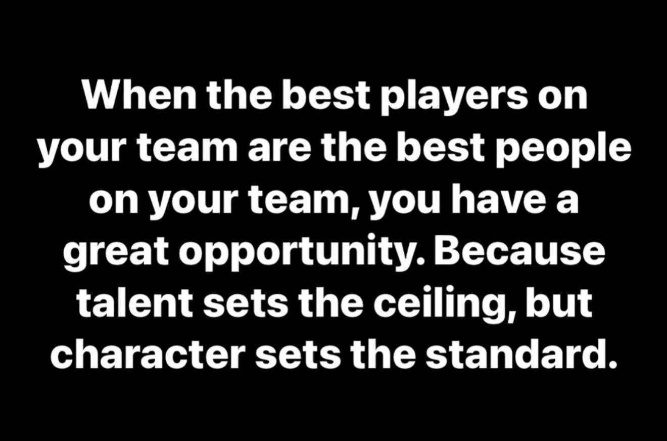 Motivational quote on a black background about team performance and character.