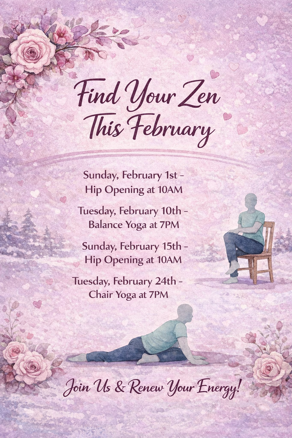 A pastel watercolor-style flyer with pink roses and trees, promoting yoga classes in February. It features illustrations of a person doing yoga poses and includes a schedule of classes with dates and times.