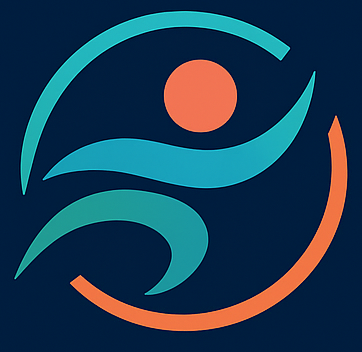 Abstract logo with stylized wave and circular shapes in teal and orange on dark background.