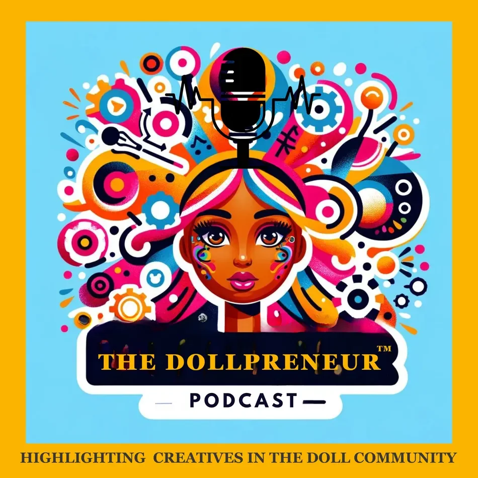Colorful graphic for 'The Dollpreneur Podcast' featuring a cartoon woman with rainbow-colored hair surrounded by abstract gears, musical notes, and creative icons, with a microphone above her head.