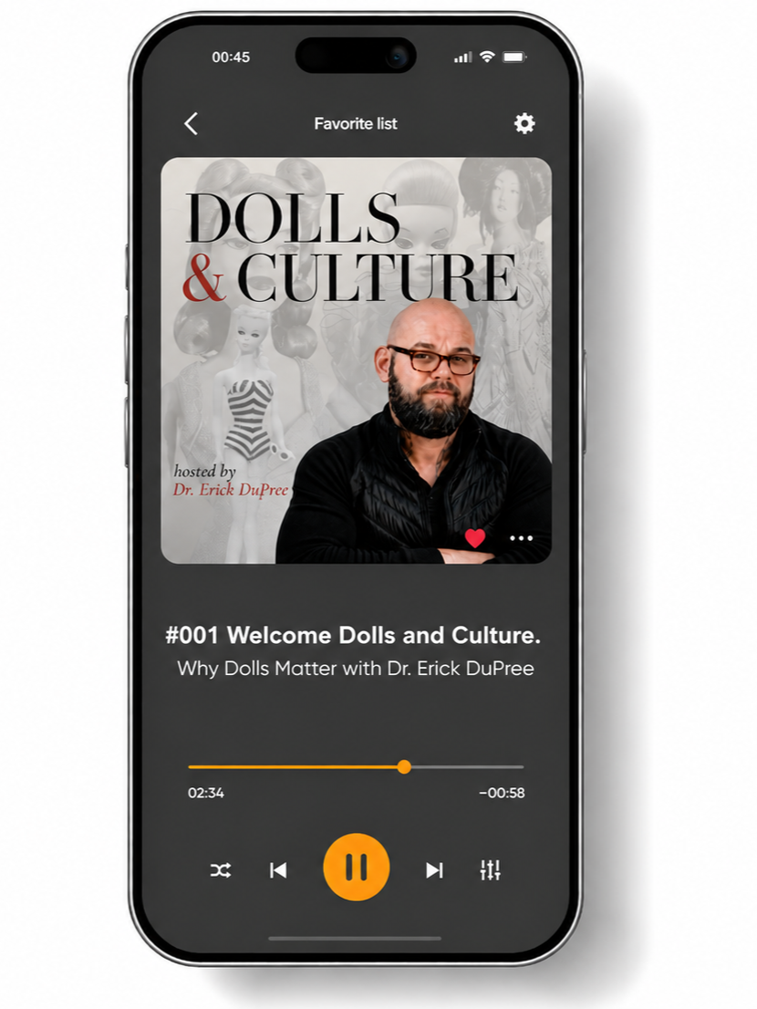A smartphone displaying a podcast titled 'Dolls & Culture' hosted by Dr. Erick DuPree, with a photo of Dr. DuPree on the screen, listening controls, and a progress bar.