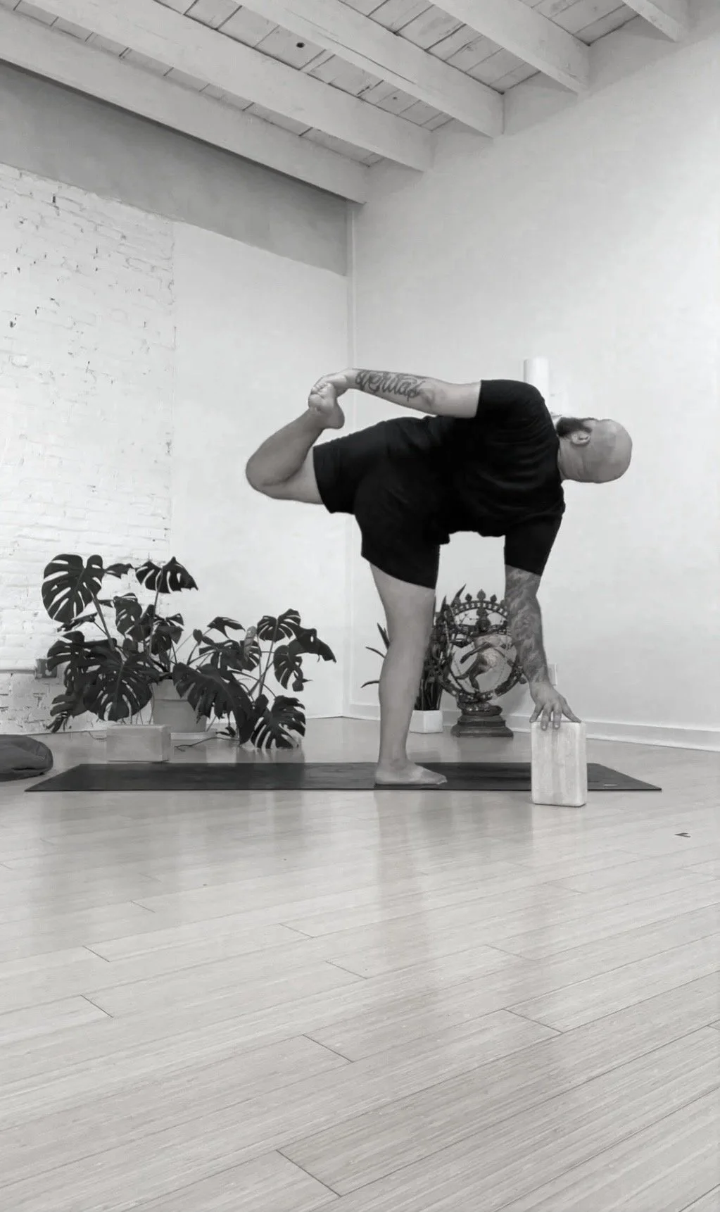 Man practicing yoga in a studio, balancing on one leg with one hand on a yoga block and the other holding his foot behind his back, with plants and a decorative statue in the background.