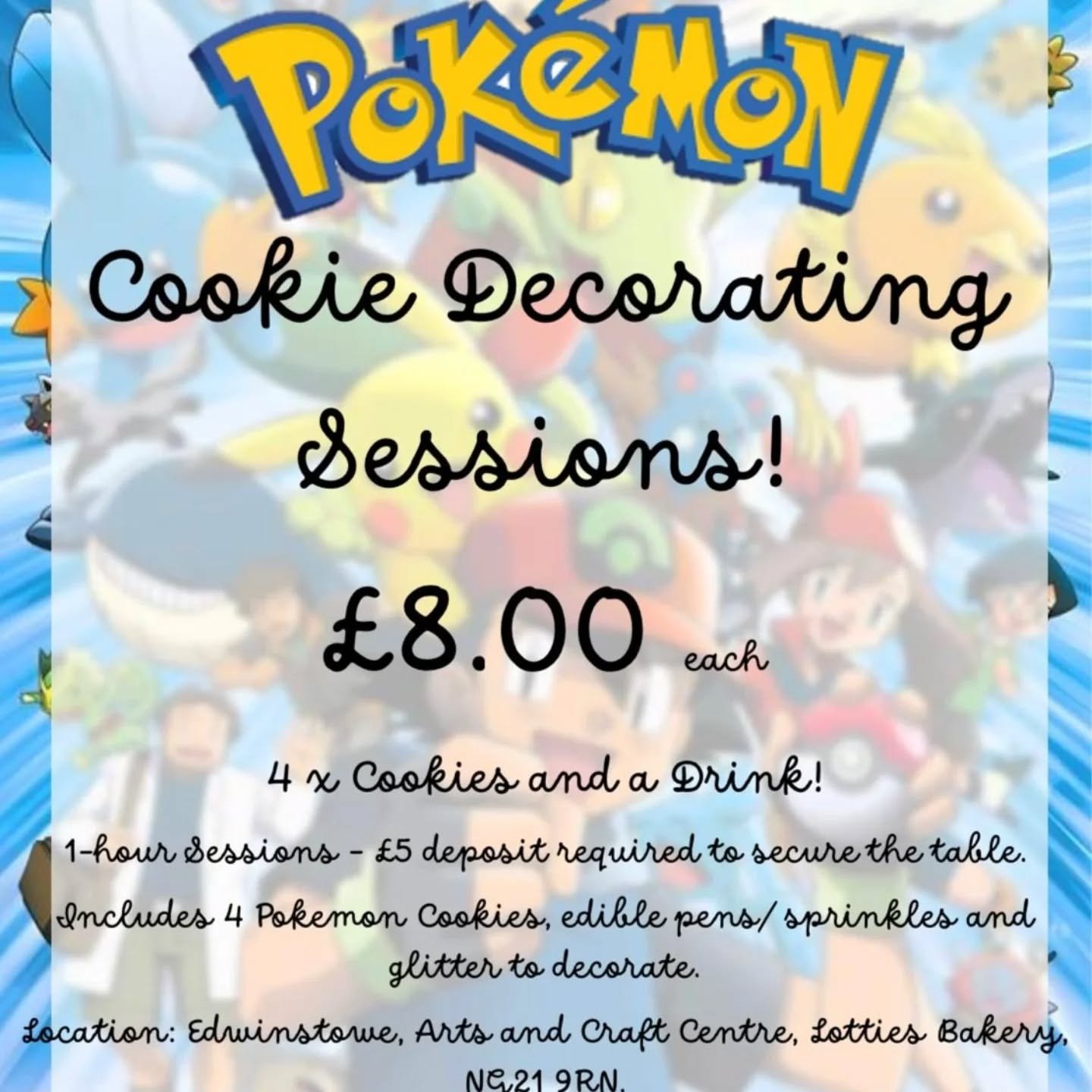 To celebrate Pok&eacute;mon&rsquo;s 30th Anniversary this Pokemon Day we will be starting a weekend of Pokemon Cookie Decorating 🍪🍪🍪
 
FRIDAY-SUNDAY (27th Feb - 1st March) 

💥 Included are 4 Pokemon Cookies, equipment to decorate the cookies and 
