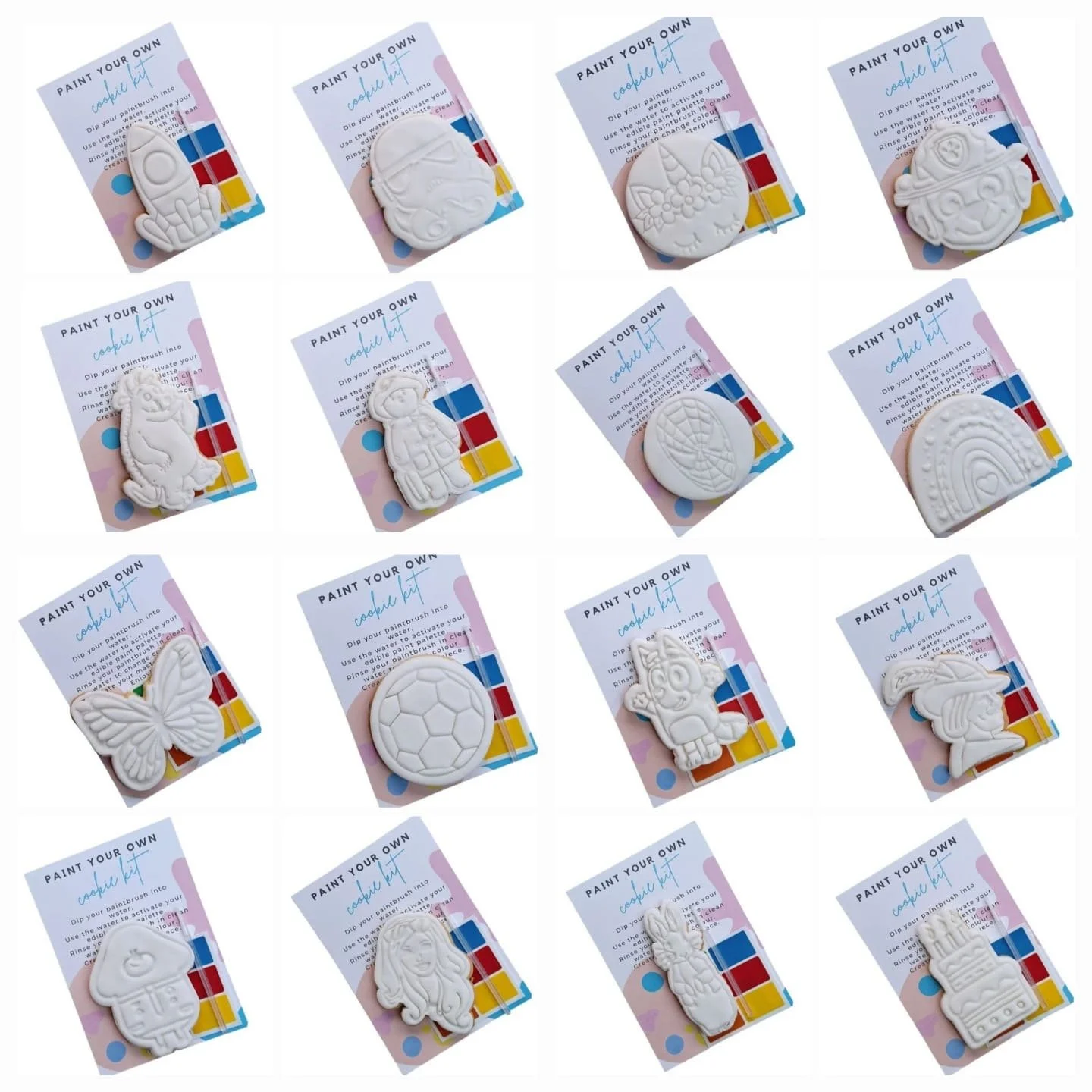 (Left-Right) Rocket, Storm Trooper, Unicorn, Paw Patrol, Gruffalo. Paddington, Spider man, Rainbow, Butterfly, Football, Bluey, Robin Hood, Dougie, Barbie, Peter Rabbit, Birthday Cake